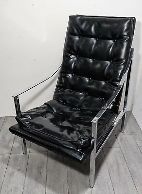 Vintage Mid Century Modern Chrome Black Vinyl Lounge Chair Milo Baughman Style • $810