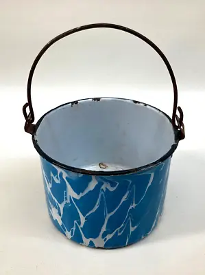 Vintage Blue & White Enamelware Berry Bucket /Lunch Pail With Bail Handle • $39.99