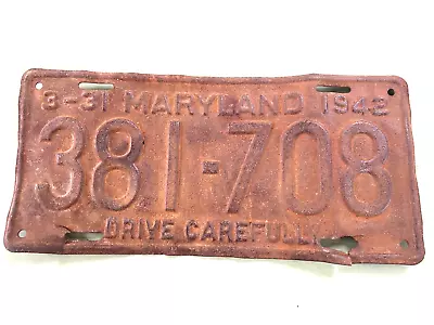 Antique Maryland 1942 Heavy Metal Drive Carefully License Plate 3-31 -42 • $7.95