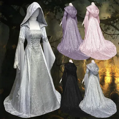 Halloween Medieval Women Hooded Dress Wedding Party Elven Queen Cosplay Costume • $52.63