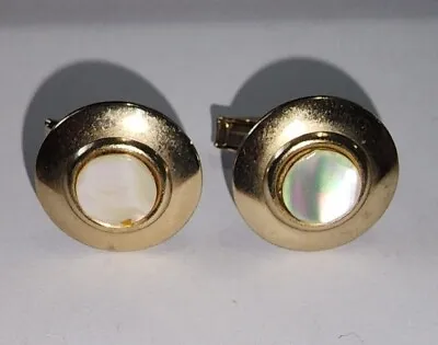 Cufflinks Gold Tone Round Discs Mother Of Pearl Vintage MCM Mid Century Modern • $7.49