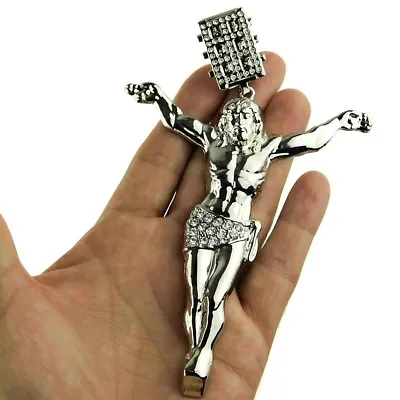 $27.95 • Buy Huge Jumbo Jesus Body Pendant Iced Simulated CZ Silver Tone Crucifix Cross 4.5 