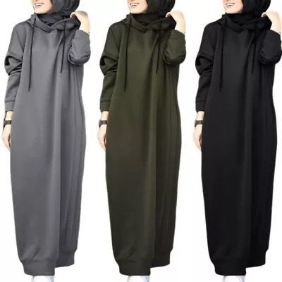 $35.68 • Buy Muslim Women Hoodie Dress Long Sleeve Warm Abaya Dubai Turkey Robe Islam Jilbab