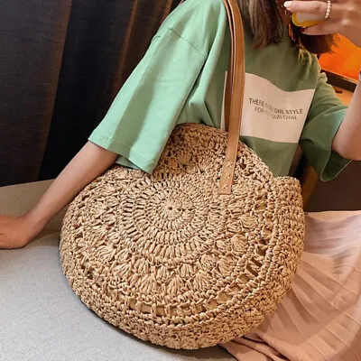 £12.99 • Buy Women Boho Woven Handbag Summer Beach Tote Straw Bag Round Rattan Shoulder #