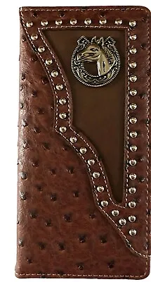 Horse Mens Wallet Western Bifold Check Book Style W011-15 Ostrich Brown • $13.99