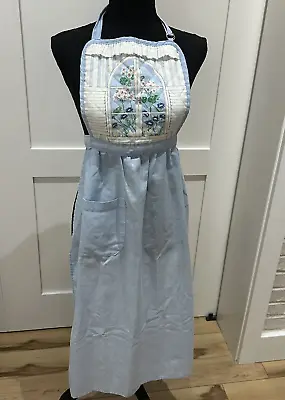 Vintage Women's Bib Apron Smock Blue White Retro Flowers Adjustable One Size • $14.99