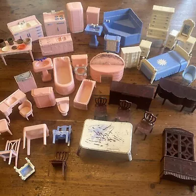 Vintage 45pc Lot Dollhouse Furniture Ideal Plasco Marx Kitchen Bathroom Plastic • $42.50