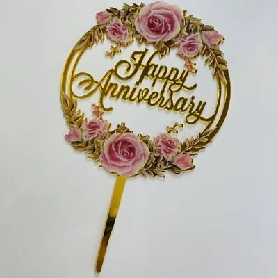Acrylic Cake Topper Happy Anniversary Love Floral Round Design Party Decoration  • £2.69