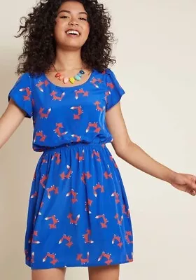 Peach Love Mod Cloth Dress Size 1X Plus Blue Fox Print Lined Elastic Waistband  • $21.21