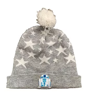 STAR WARS Beanie Knit Hat R2-D2 Gray White Stars Pom-Pom Adult • $6.95