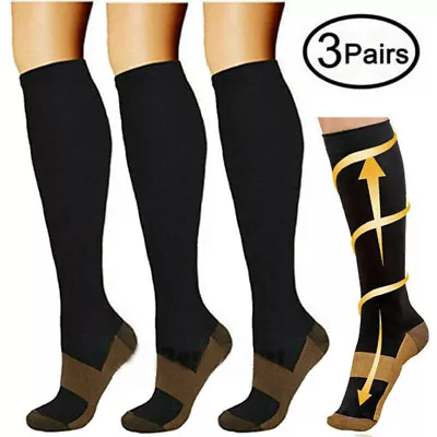 3Pair Copper Compression Socks Unisex 9-12 W 19-13 Black Energy Stockings S-2XL • $18.98