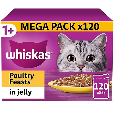 £39.99 • Buy 120 X 85g Whiskas 1+ Poultry Feasts Mixed Adult Wet Cat Food Pouches In Jelly