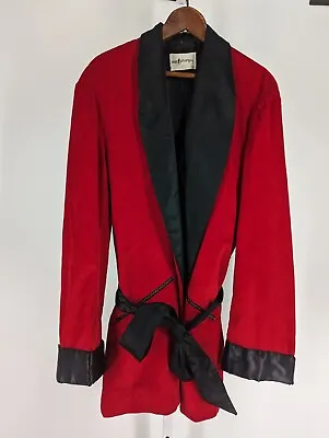 Macphergus Vintage 50s 60s Black Satin Red Corduroy Smoking Robe Belted Jacket • $89.99