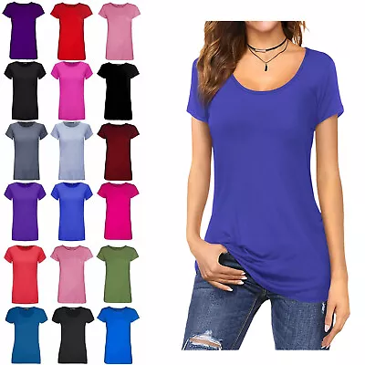 Womens Cap Short Sleeve Round Scoop Neck Plain T-shirt Fitted Tee Top Uk 8-26 • $8.83