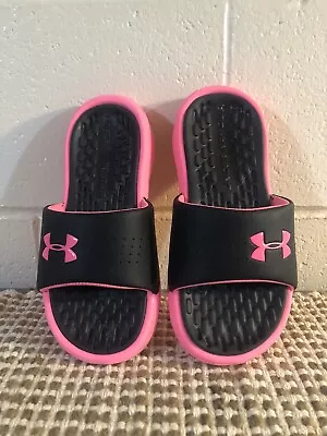 Under Armour Neon Pink/Black Wide Strap Slides Sandal Shoes Size Youth 2 EU33.5 • $15