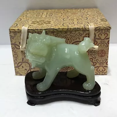 Chinese Green Jade Foo Dog Prowling Figurine Collectible Rosewood Stand Vintage • $24.95