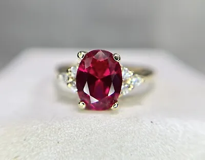 Vintage 14k Yellow Gold Oval Shape Red Ruby Round Classic Diamond Ring • $349