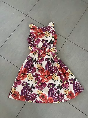 BASQUE Petites Size 10 Cotton Dress With Belt Colourful Floral A-Line 50s Style • $23.99