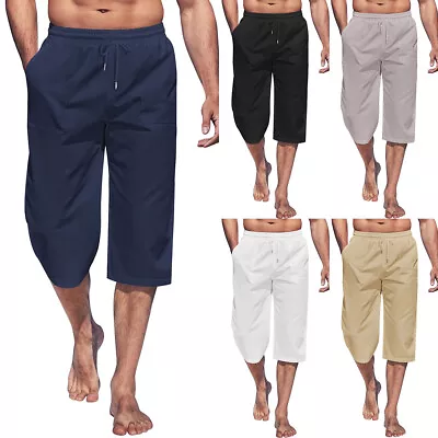 Mens Summer 3/4 Long Length Shorts Elasticated Waist Beach　Three Quarter Pants • £2.99