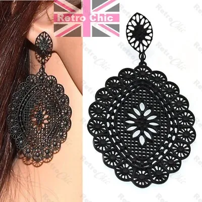 3.25  Long BIG BLACK FILIGREE Chandelier EARRINGS Ornate Vintage Style LARGE 8cm • £3.44