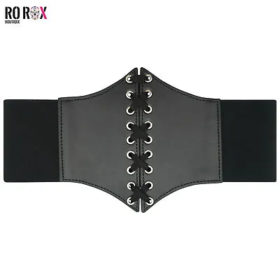 Gothic Faux Leather Underbust Waspie Corset - Elasticated Lace-Up Waist Cincher • £8