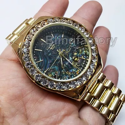 Luxury Hip Hop Iced Lab Diamond Mother Of Pearl Black Metal Wrist Bling Watch • $27.99