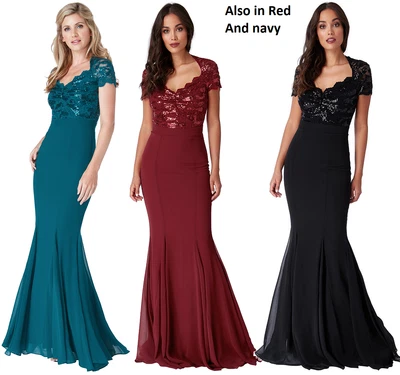 £24.49 • Buy Goddiva Sequin Lace Chiffon Inserts Fishtail Sequin Maxi Dress Prom Party 8-14