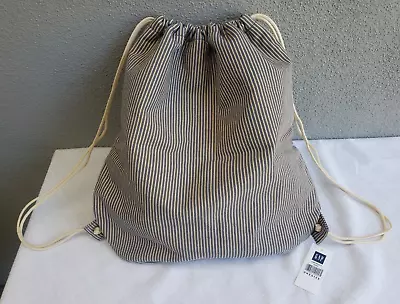 NWT Vtg 2002 GAP Blue/Cream Stripe Denim Drawstring Backpack Shoe Book Bag 16x15 • $24.99