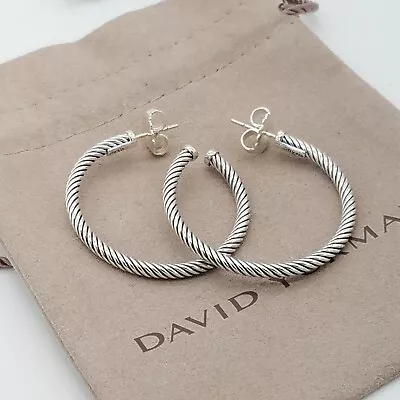 David Yurman Classic Cable 1.5'' Inch Hoop Earrings In 925 Sterling Silver Pouch • $219.99