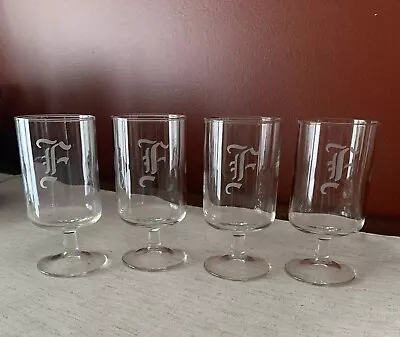 Vintage Wine/Water Clear Footed Glasses- Monogramed Letter  F”-Set Of 4. • $19