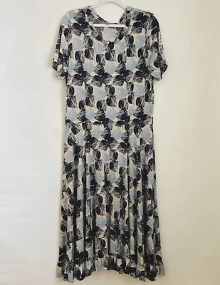 Melissa Masse Blue Cream Print Jersey Maxi Dress Short Sleeve Size X-Large • $21.99