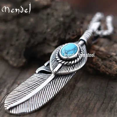 MENDEL Mens Native American Feather Turquoise Pendant Necklace Men Women Silver • $12.99