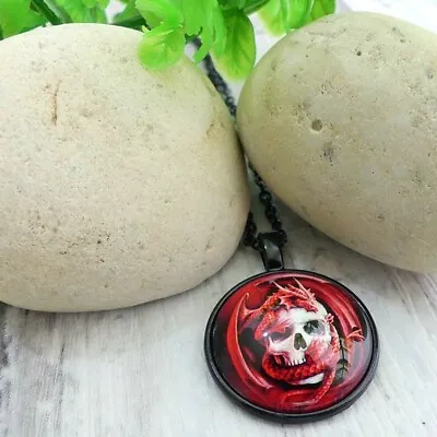 £3.95 • Buy Tibet Black Red Dragon And Skull Cabochon Glass Pendant Chain Necklace