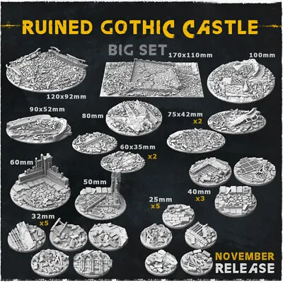 3D Printed Ruined Castle Bases For Warhammer 40k/AOS & Other War Gaming Minis • £6.50