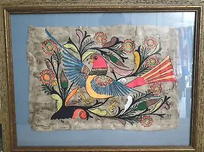 Mexican Amate Folk Art Bark Painting Bird Florals 9.5 X13.25   Framed Mexico • $45.99