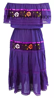 PURPLE Mexican Peasant Off Shoulder Dress Fits Med-XL Embroidered Floral Crochet • $54.99