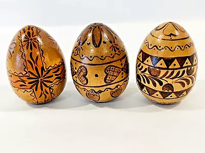 Hand Painted Wood Lacquered Decorative Brown Easter Small Spring Eggs Lot Of 3 • $14.50