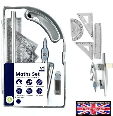 9pc Maths Geometry Set Case School Exam Stationery Compass Ruler Protractor • £3.99