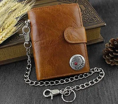 Western Vintage Biker Men's Genuine Leather Brown Wallet Purse W/ Chain WW7 • $18