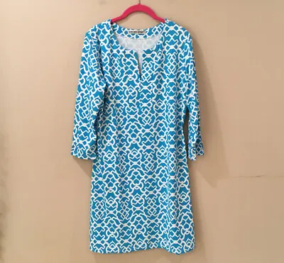 Barbara Gerwit Shift Dress White Blue Size Large 3/4 Sleeve V-Neck Stretch • $29.99