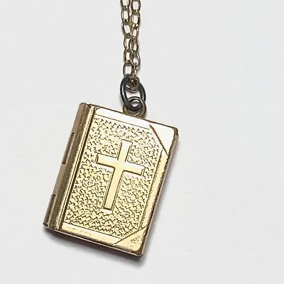 Antique Gold Filled Cross Book Locket With Pictures Necklace Religious • $18