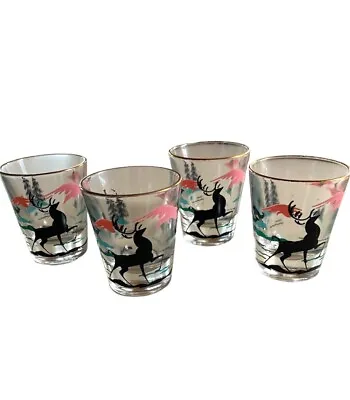 Lot Of 4 Vintage MCM Shot Glasses Pink Turquoise Black Deer Gold Rim • $23.95