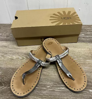 Ugg Bria Leather Silver Braided Toe Thong Flip Flop Sandals Women's Size 6 • $24.99