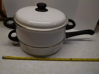 Vintage Spain White Porcelain Megaware 10 Inch Steamer/Frying Pan Combo W/Lid • $100