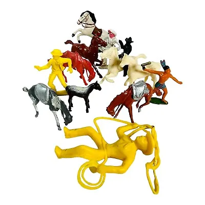 Vtg Lot 13 Plastic Cowboy Indian Horse Figures Midcentury Toys Western Boomers • $13.99