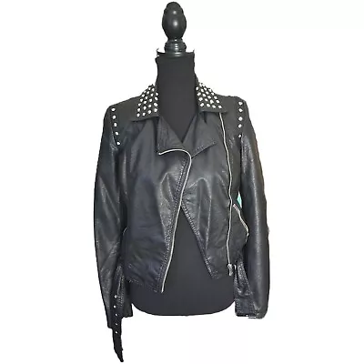 Vero Moda Black Faux Leather Silver Studded Cropped Jacket - XS - EUC • $40