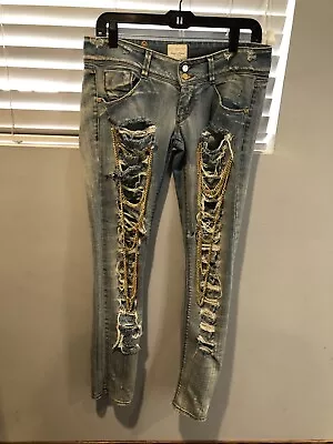 $175 • Buy NEW Designer MET Jeans Gold Jeans Blue With Gold Chains Embellished 30 Rare