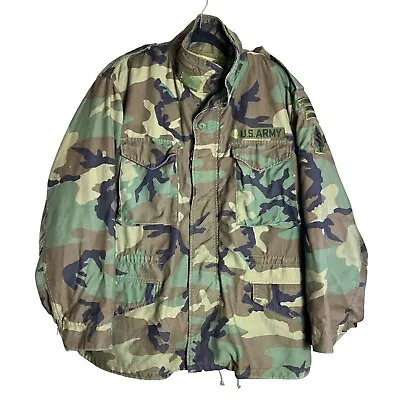 US Army 80s Spec Forces M-65 Field Jacket Cold Coat & Liner Woodland Camo L-Reg • $64