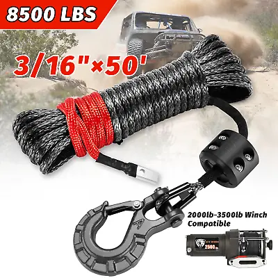 3/16  X 50' 8500LBS Synthetic Rope Winch Cable Hook Stopper For ATV/UTV Polaris • $36