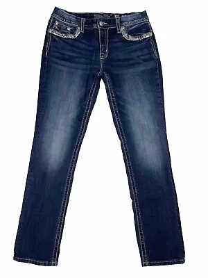 Miss Me Easy Straight Jeans Women's Medium Wash Blue Mid Rise Size 30 • $40